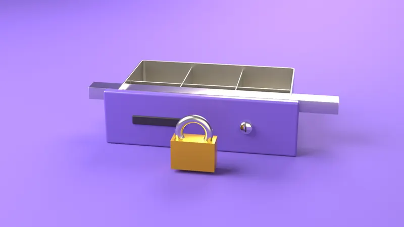 Geldkassette eines Automaten mit Vorhängeschloss am Sperrriegel, gerendert auf violettem Grund.