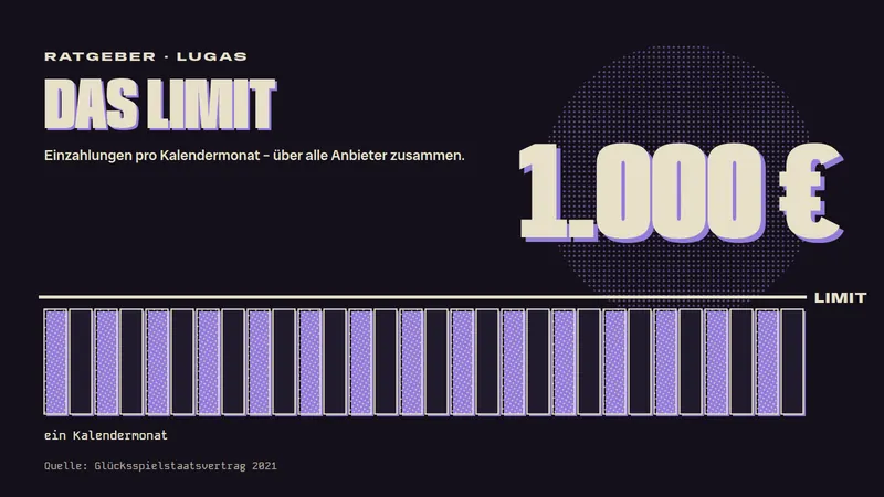 Daten-Plakat: 1.000 € Einzahlungslimit pro Kalendermonat über alle Anbieter zusammen.