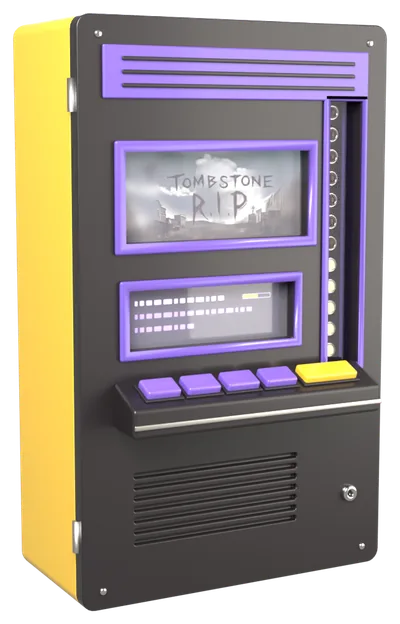 Automat mit dem Tombstone R.I.P-Logo auf dem Bildschirm