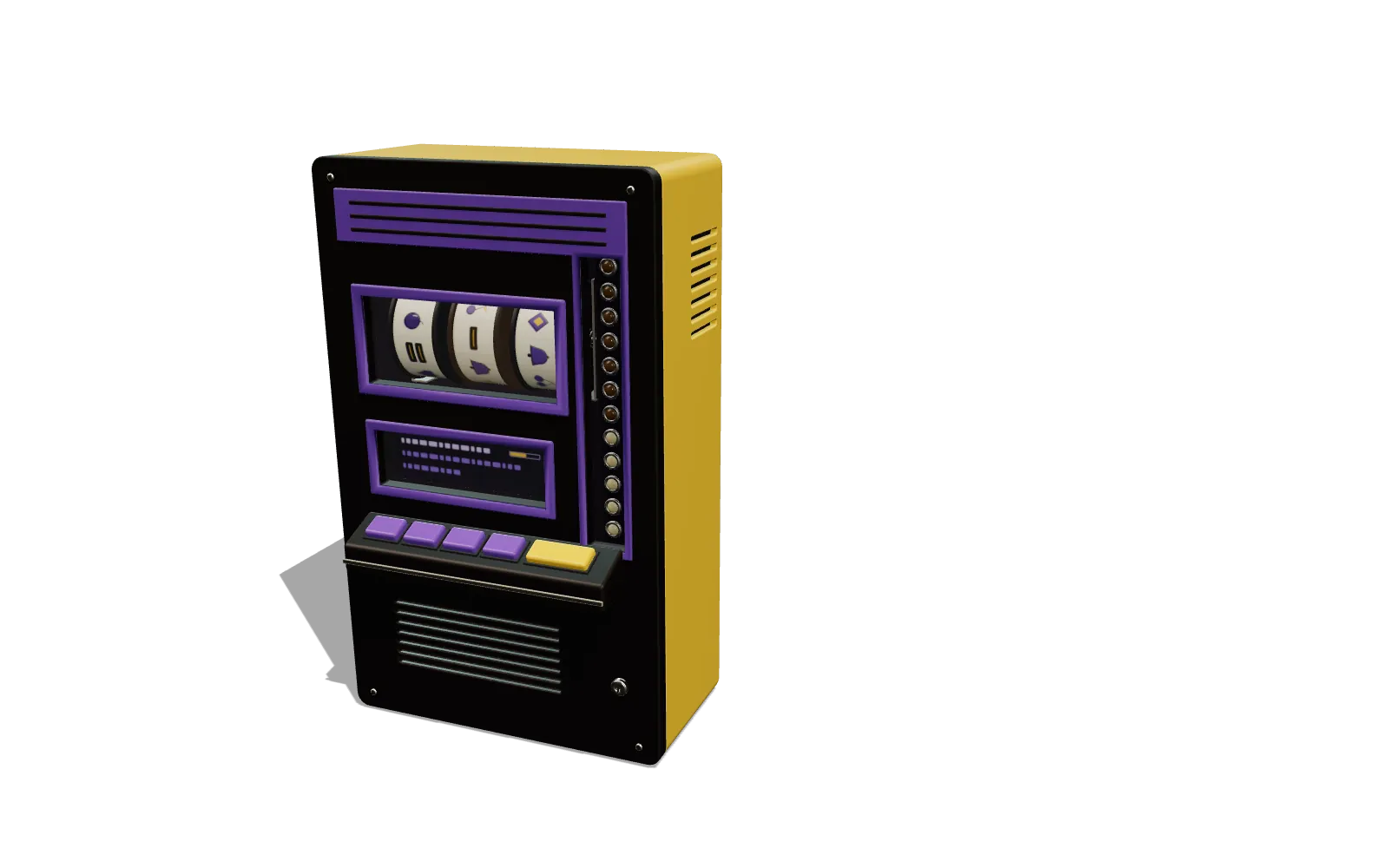 Geschlossener Wandautomat mit gelbem Gehäuse, dunkler Frontklappe, drei Walzen hinter Glas, einer Lampenleiter, Anzeige und Tastenfeld.