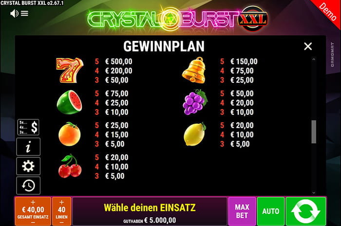 Crystal Burst XXL Paytable