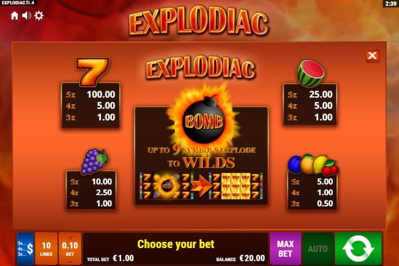 Explodiac Paytable
