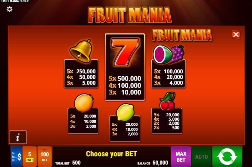 Fruit Mania Paytable