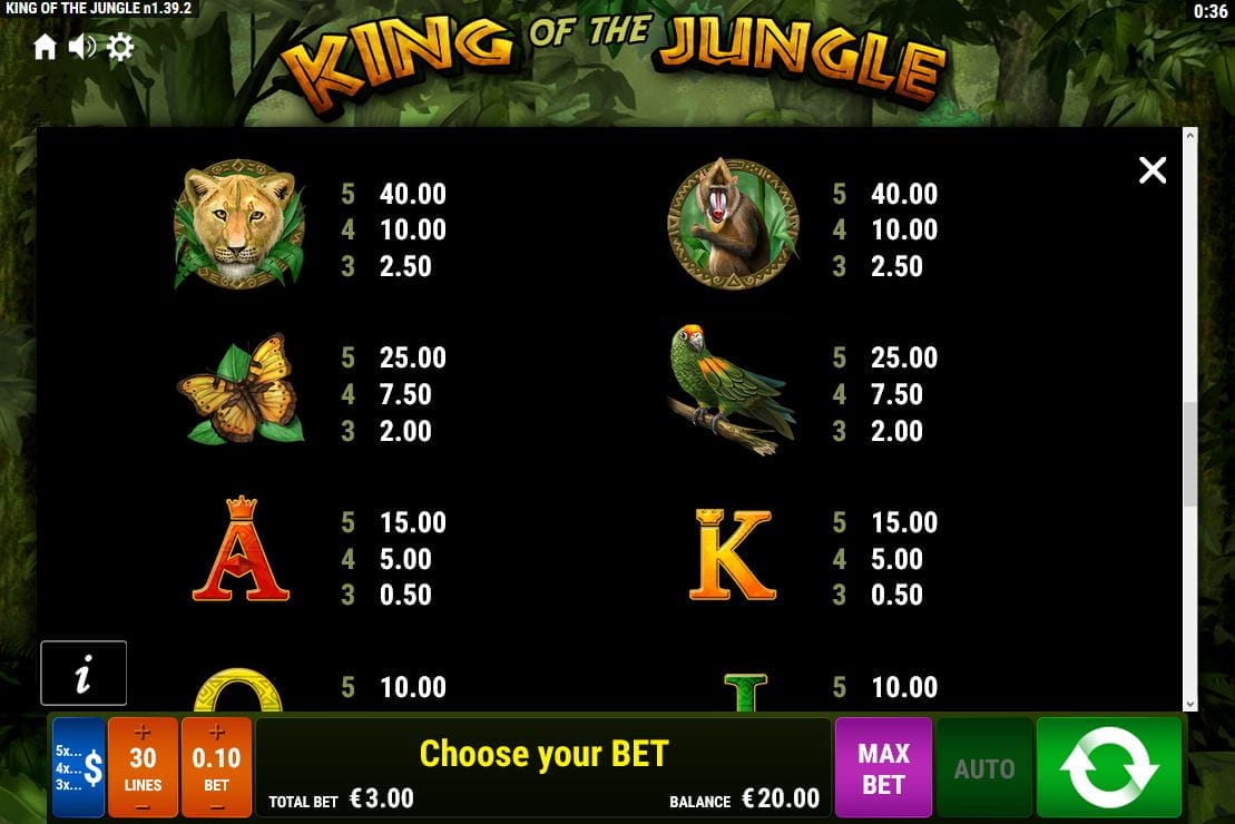 King of the Jungle Paytable