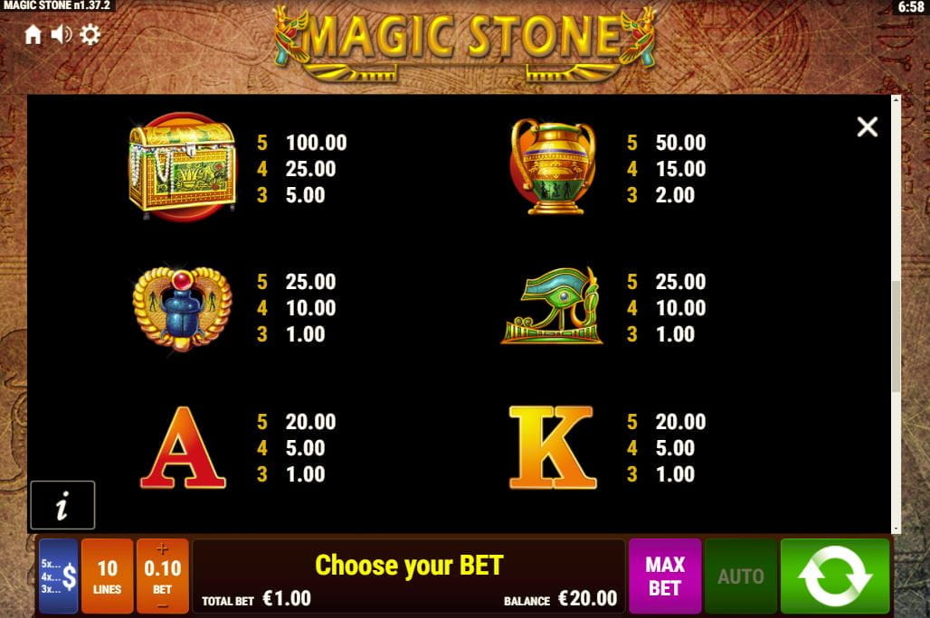 Magic Stone Paytable