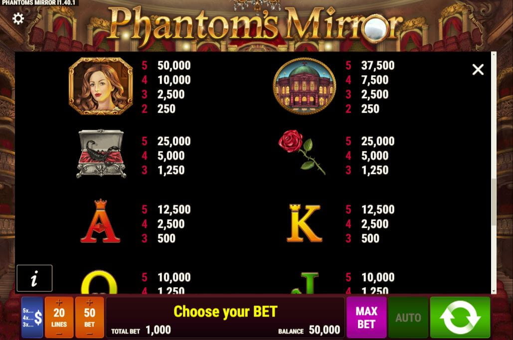 Phantom´s Mirror Paytable