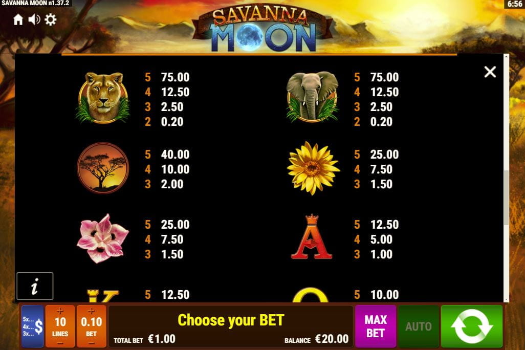 Savanna Moon Paytable
