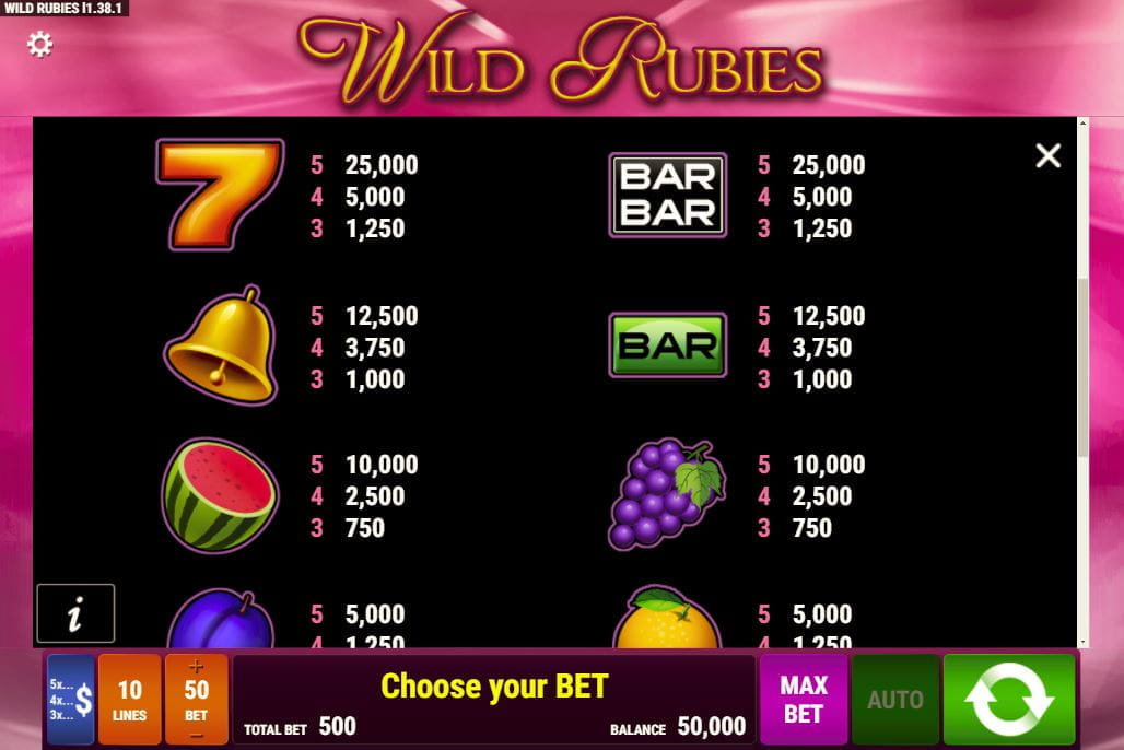 Wild Rubies Paytable
