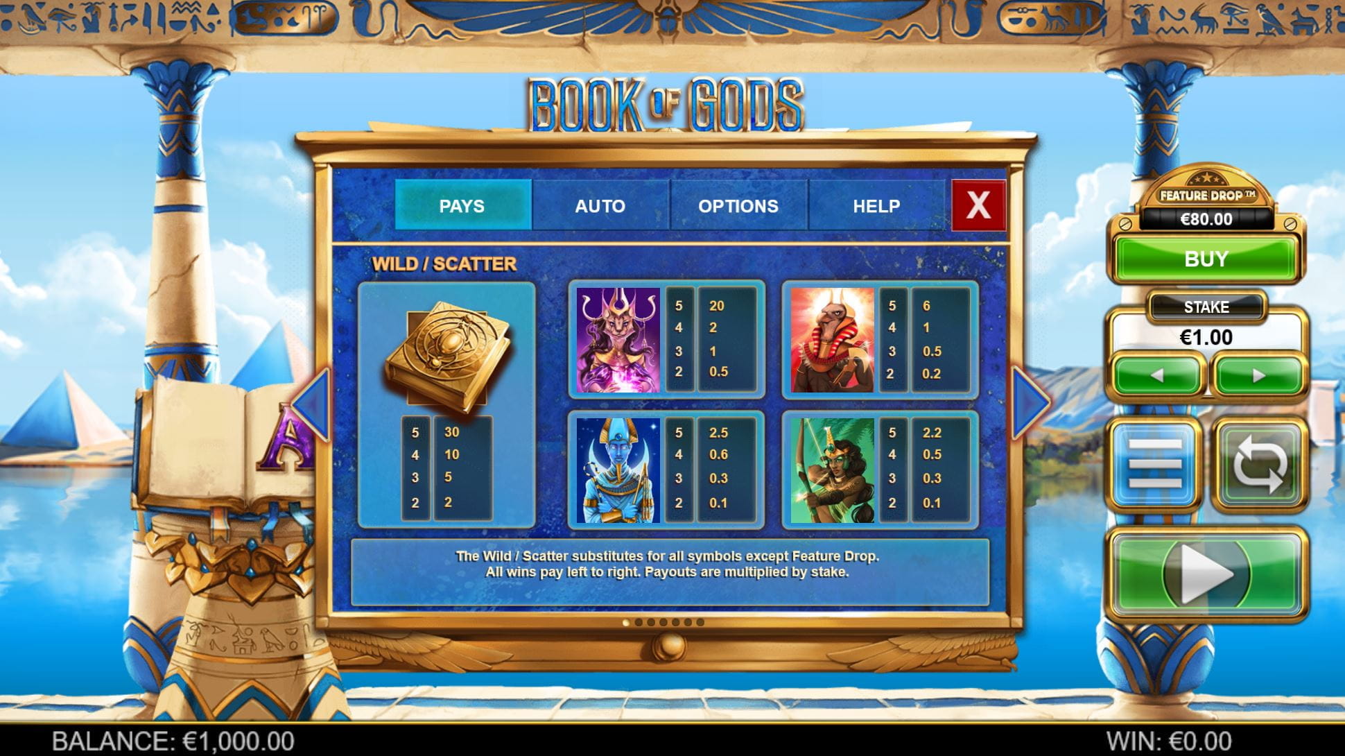 Book of Gods Online Paytable