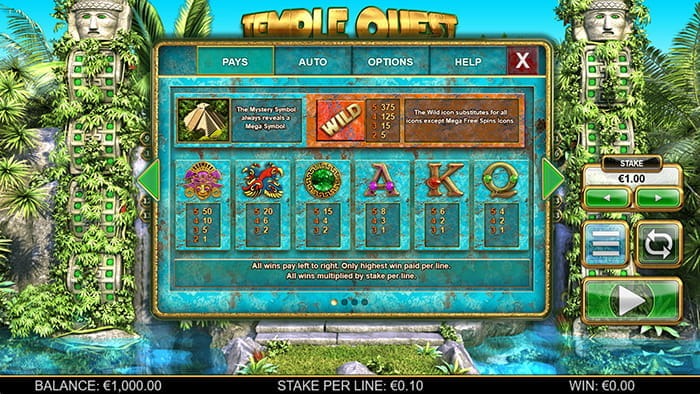 Temple Quest Spinfinity Online Paytable