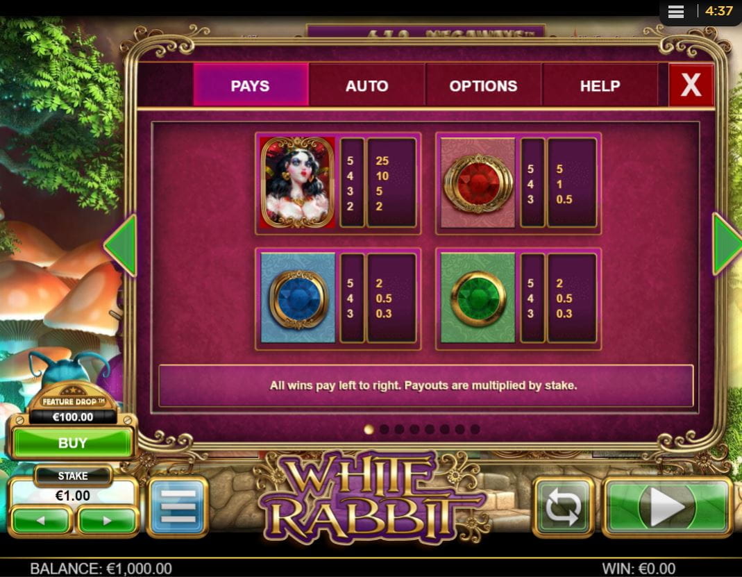 White Rabbit Online Paytable