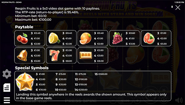 Respin Fruits Paytable