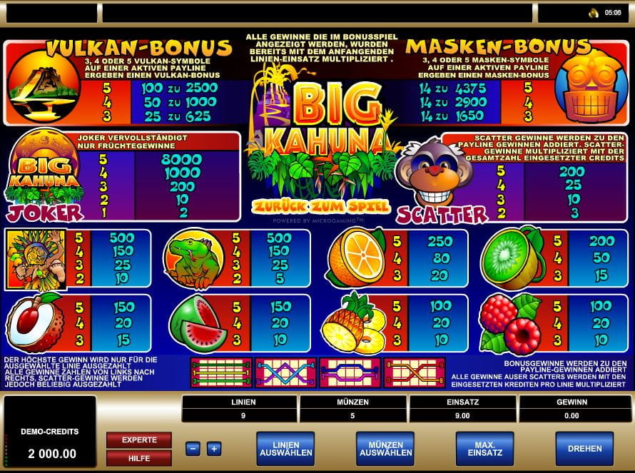 Big Kahuna Online Paytable