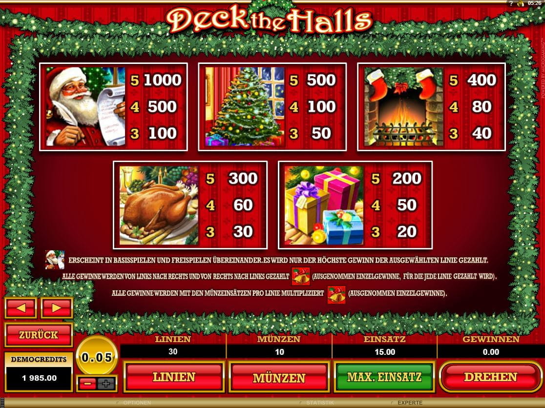 Deck the Halls Online Paytable