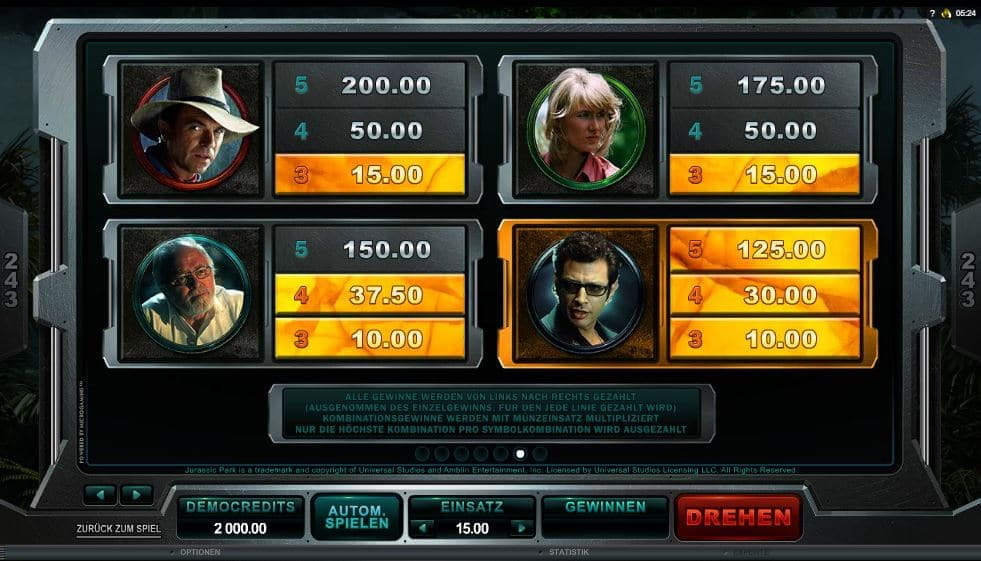 Jurassic Park Online Paytable