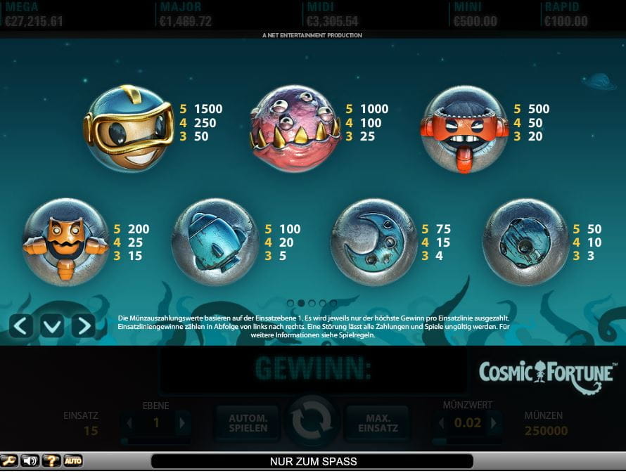 Cosmic Fortune Paytable
