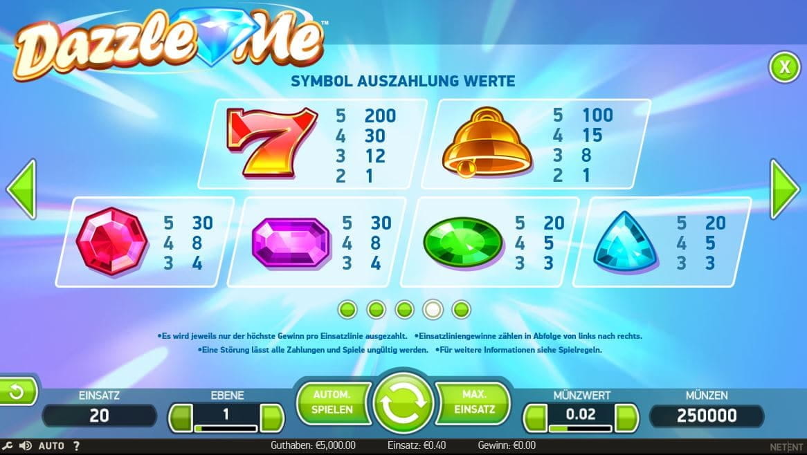 Dazzle Me Paytable