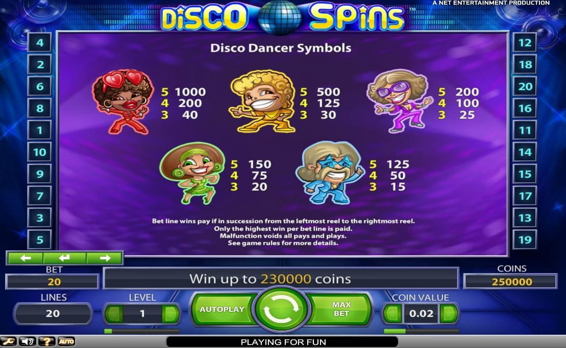 Disco Spins Paytable