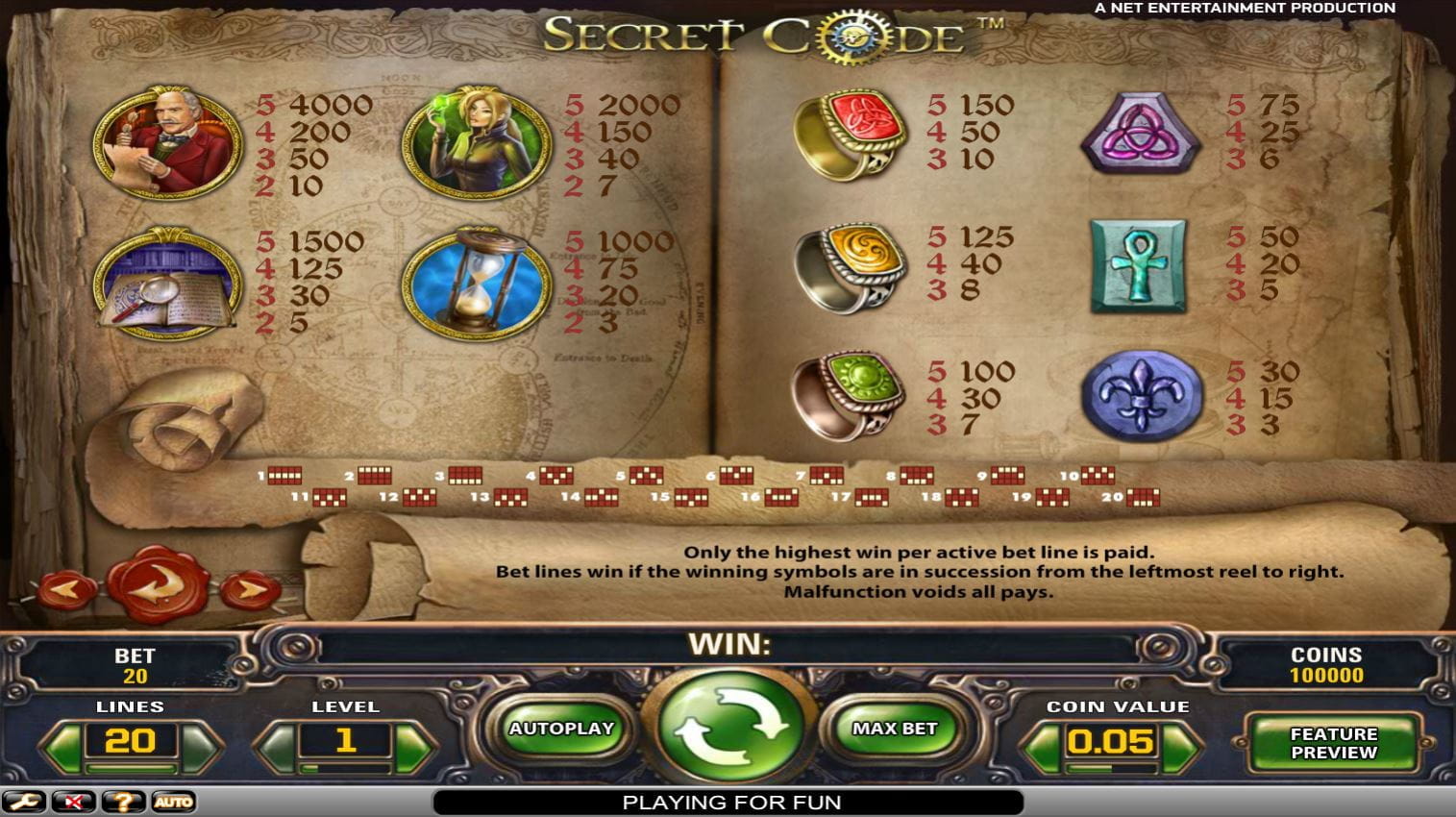 Secret Code Paytable