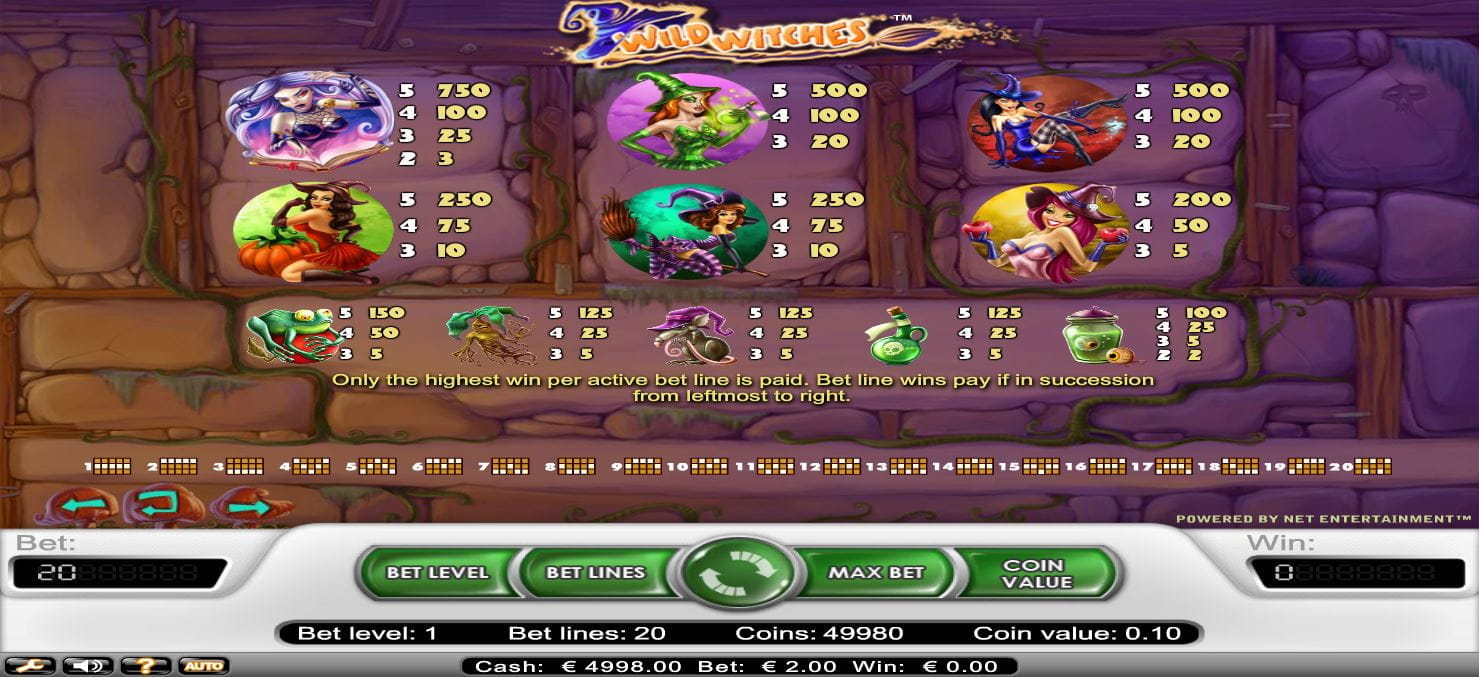 Wild Witches Paytable