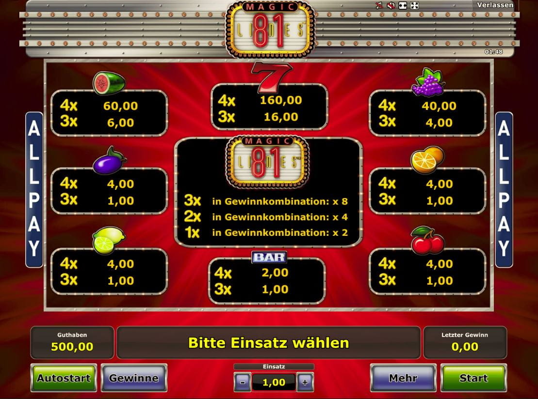 Magic 81 Lines Paytable
