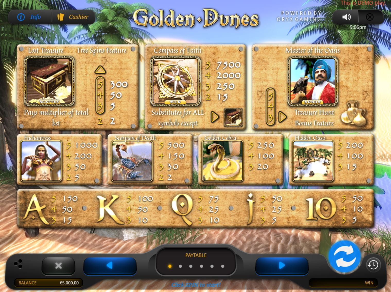 Golden Dunes Online Paytable