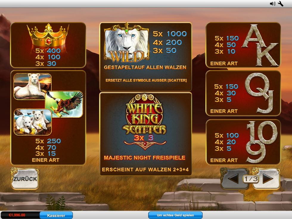 White King Paytable