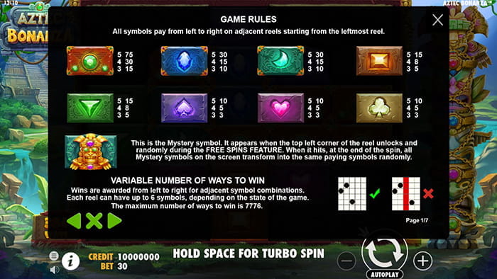 Aztec Bonanza Online Paytable