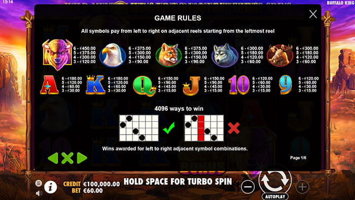 Buffalo King Online Paytable