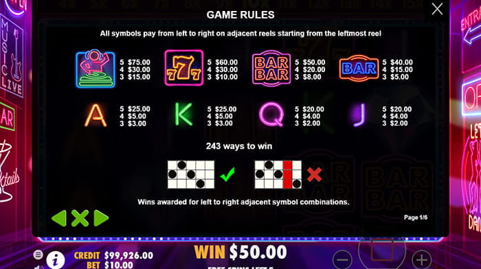 Dance Party Online Paytable
