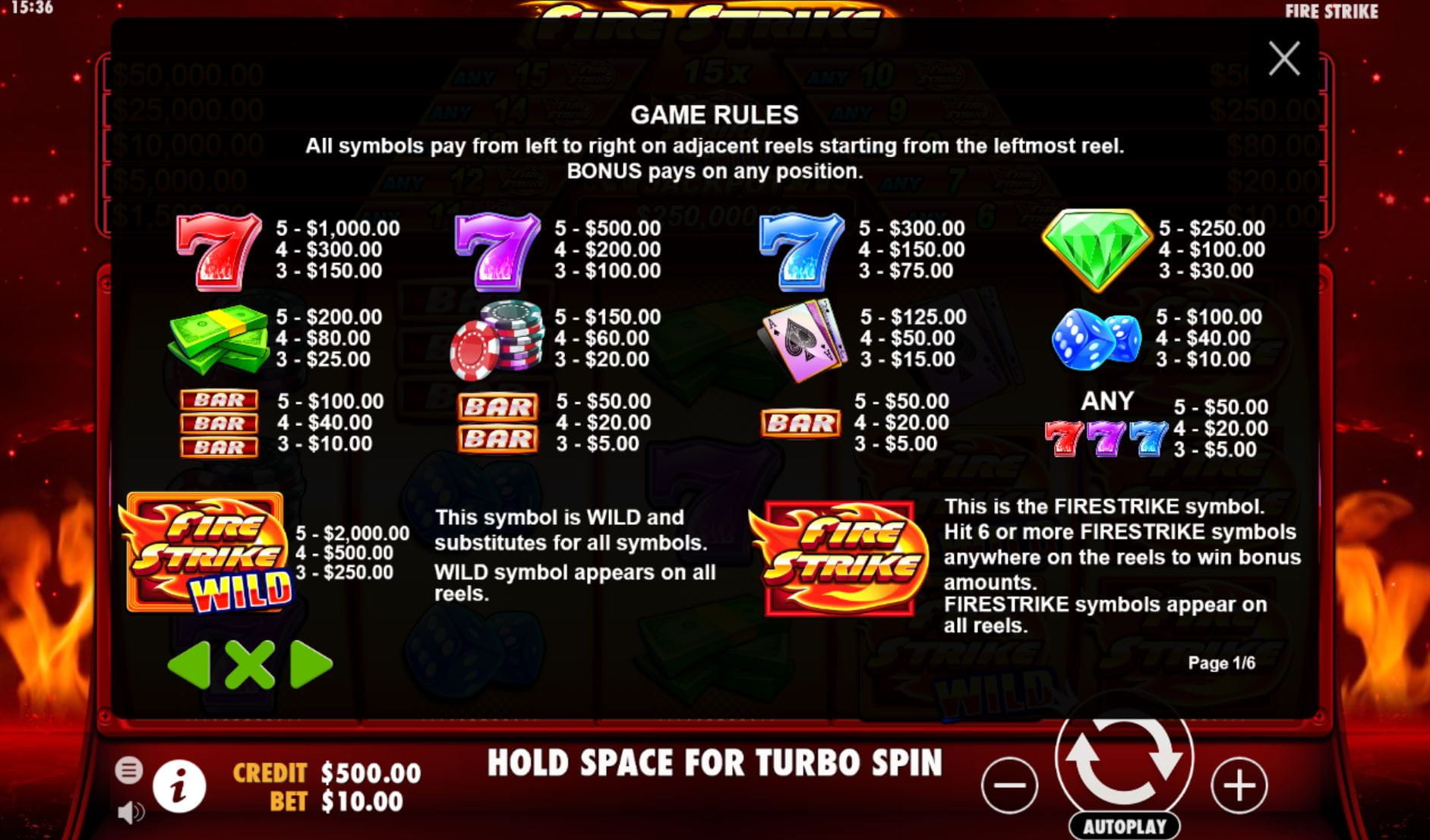 Fire Strike Online Paytable