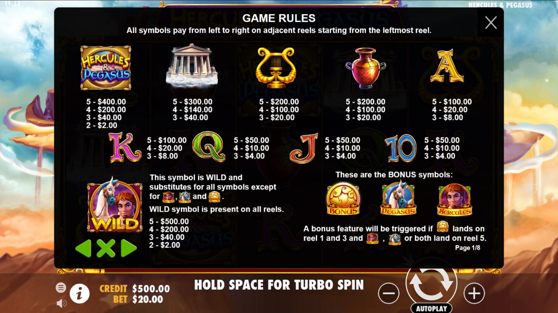 Hercules and Pegasus Online Paytable
