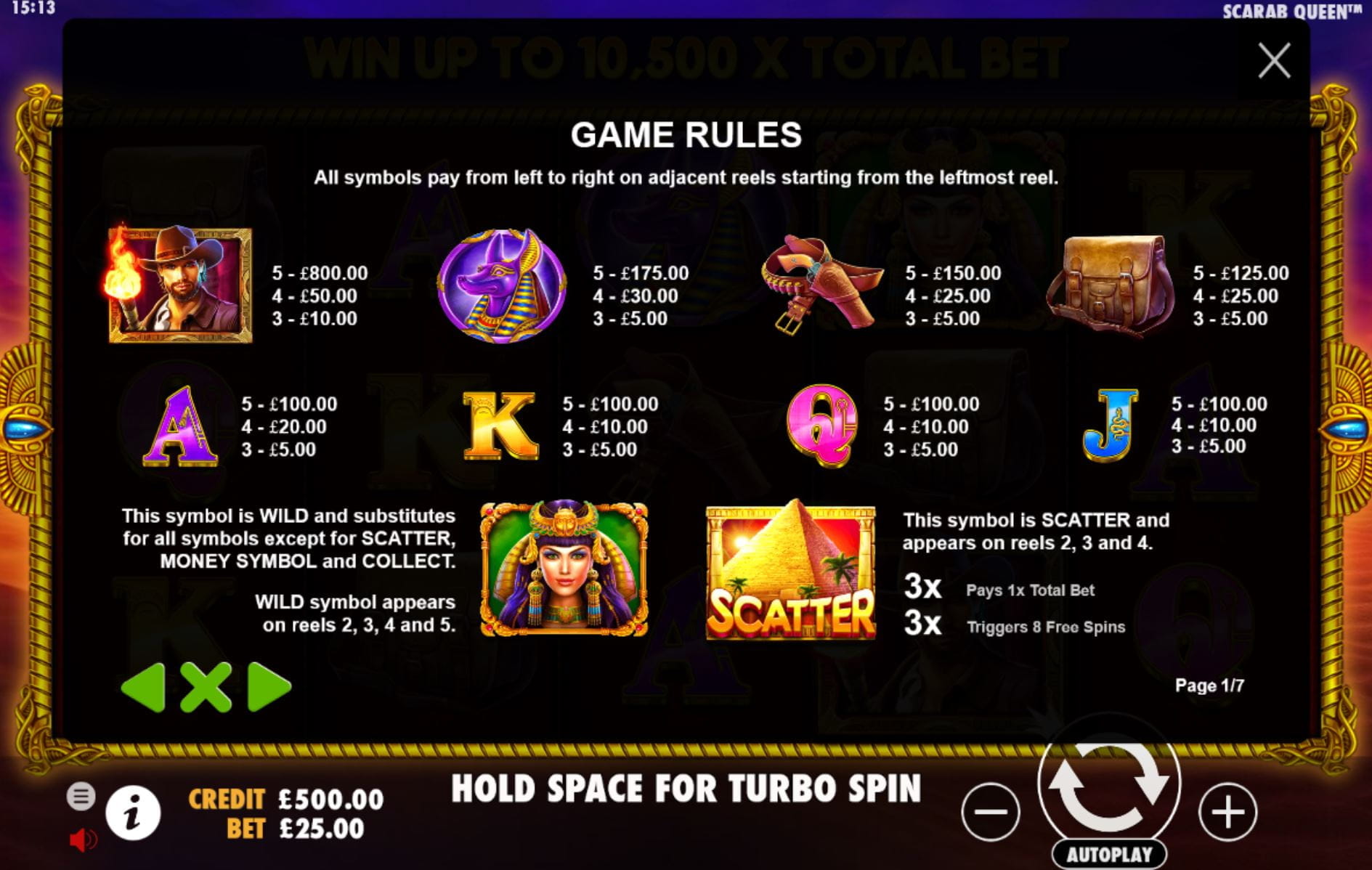John Hunter and the Tomb of the Scarab Queen Online Paytable