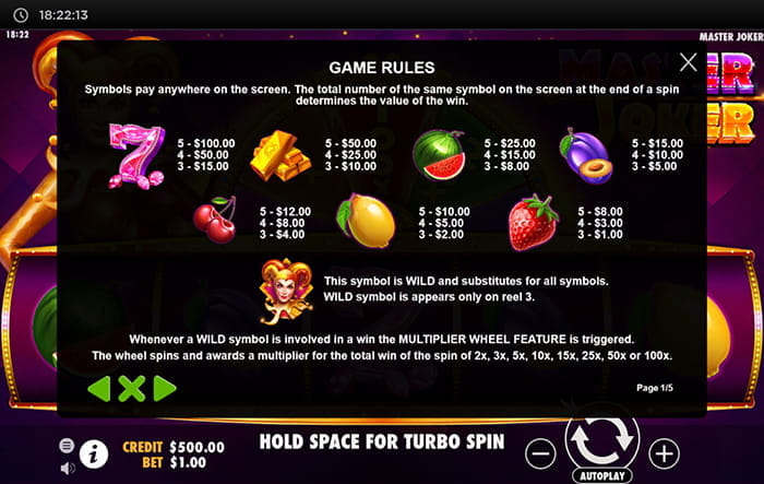 Master Joker Online Paytable
