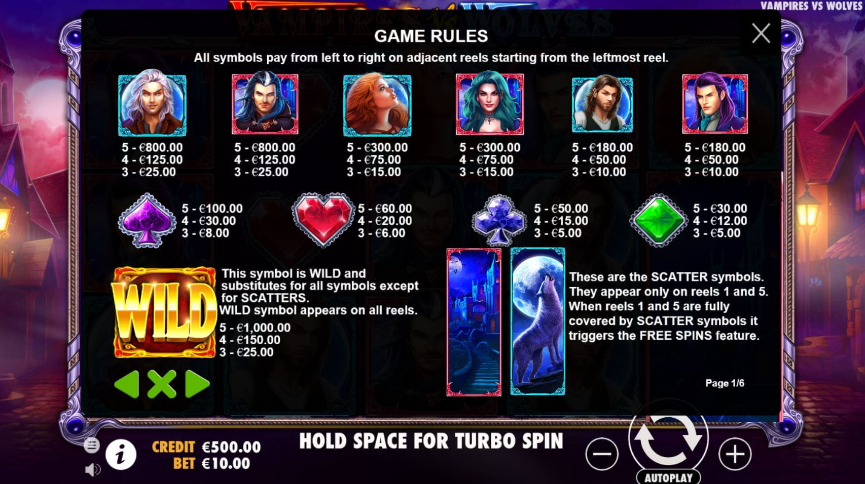 Vampires vs Wolves Online Paytable