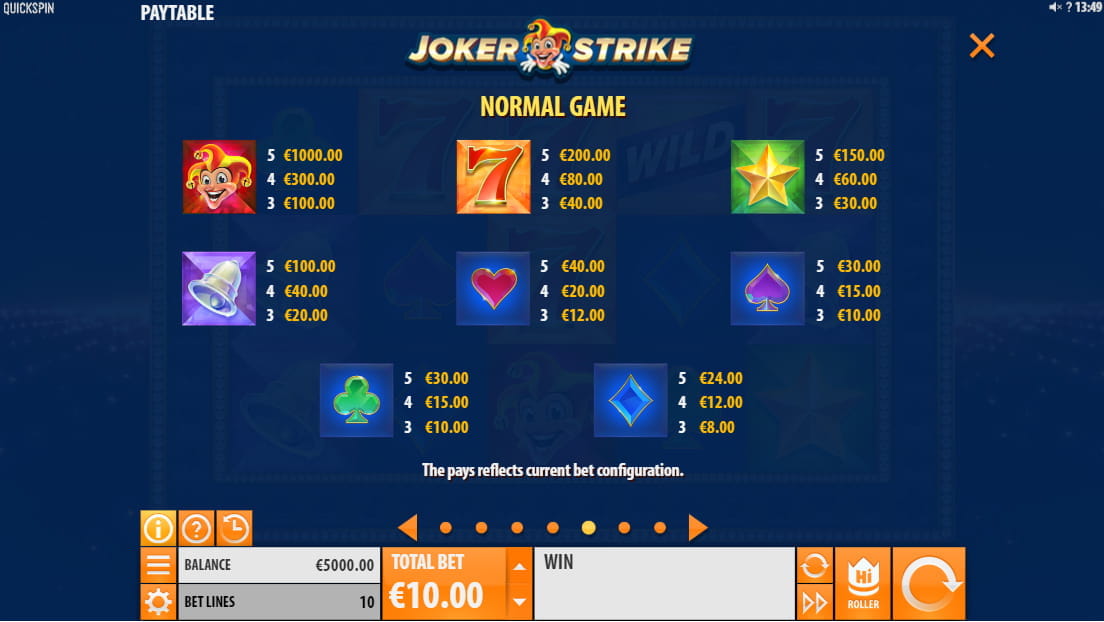 Joker Strike Paytable