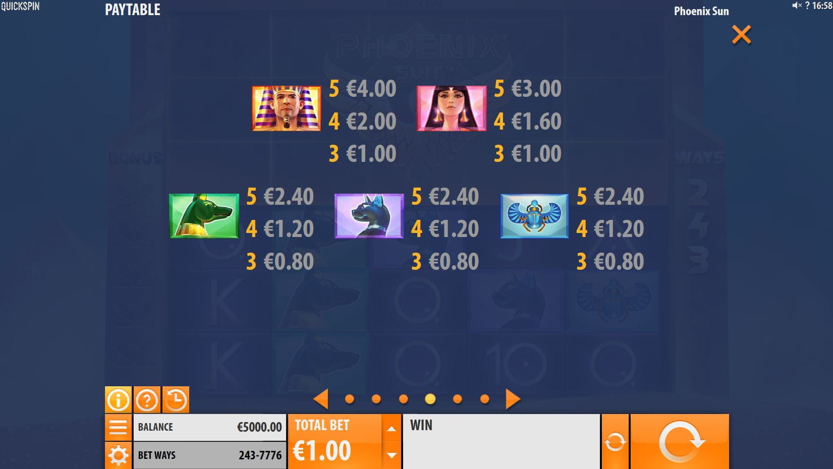 Phoenix Sun Paytable