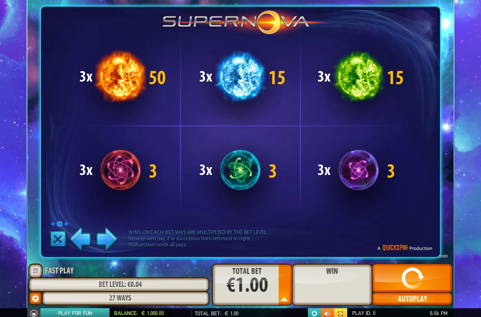 Supernova Paytable