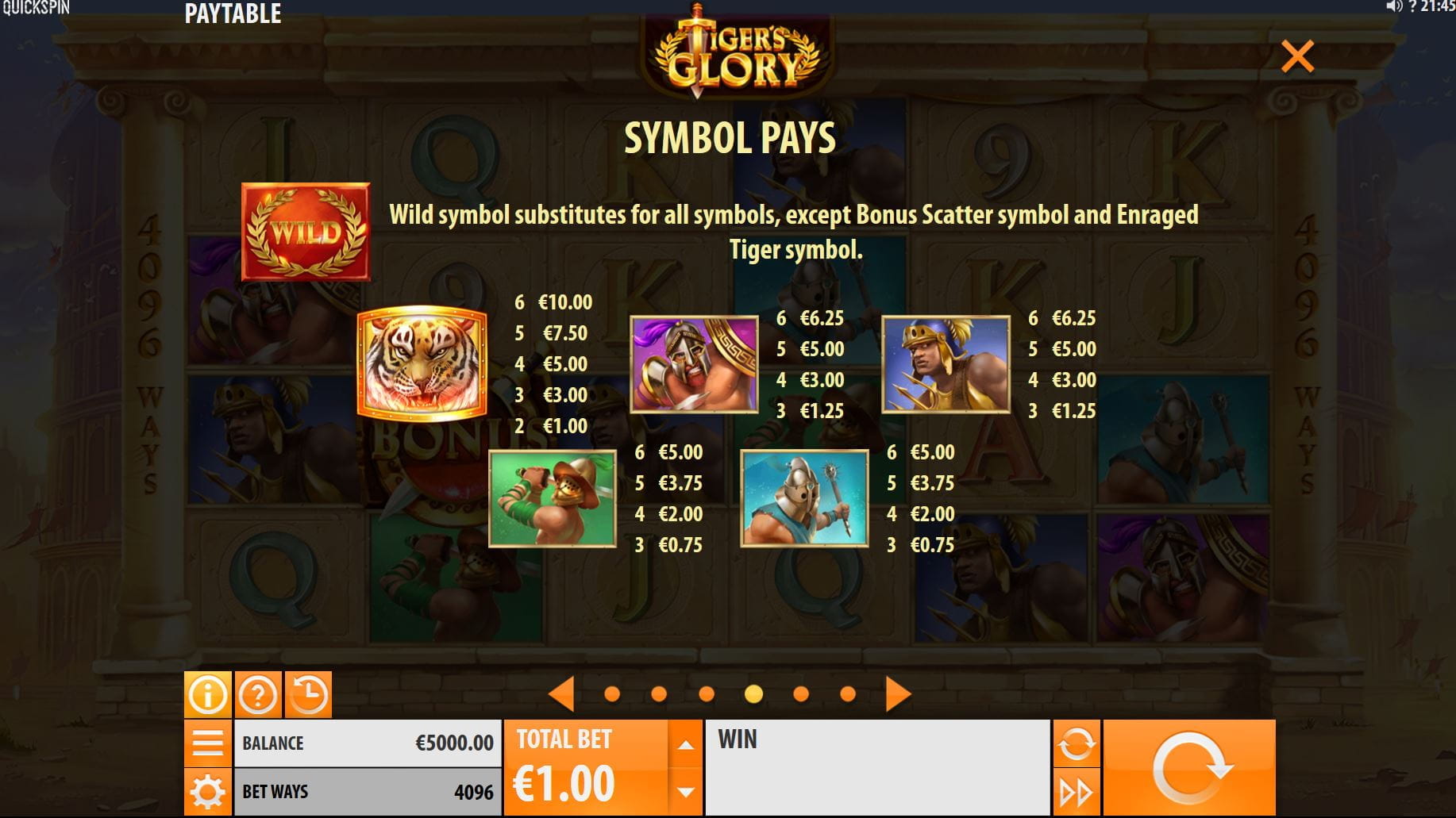 Tigers Glory Paytable