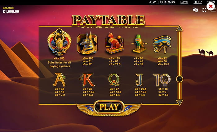 Jewel Scarabs Online Paytable