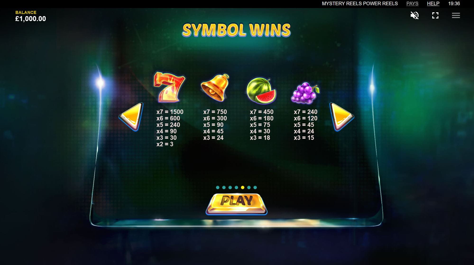 Mystery Reels Power Reels Online Paytable