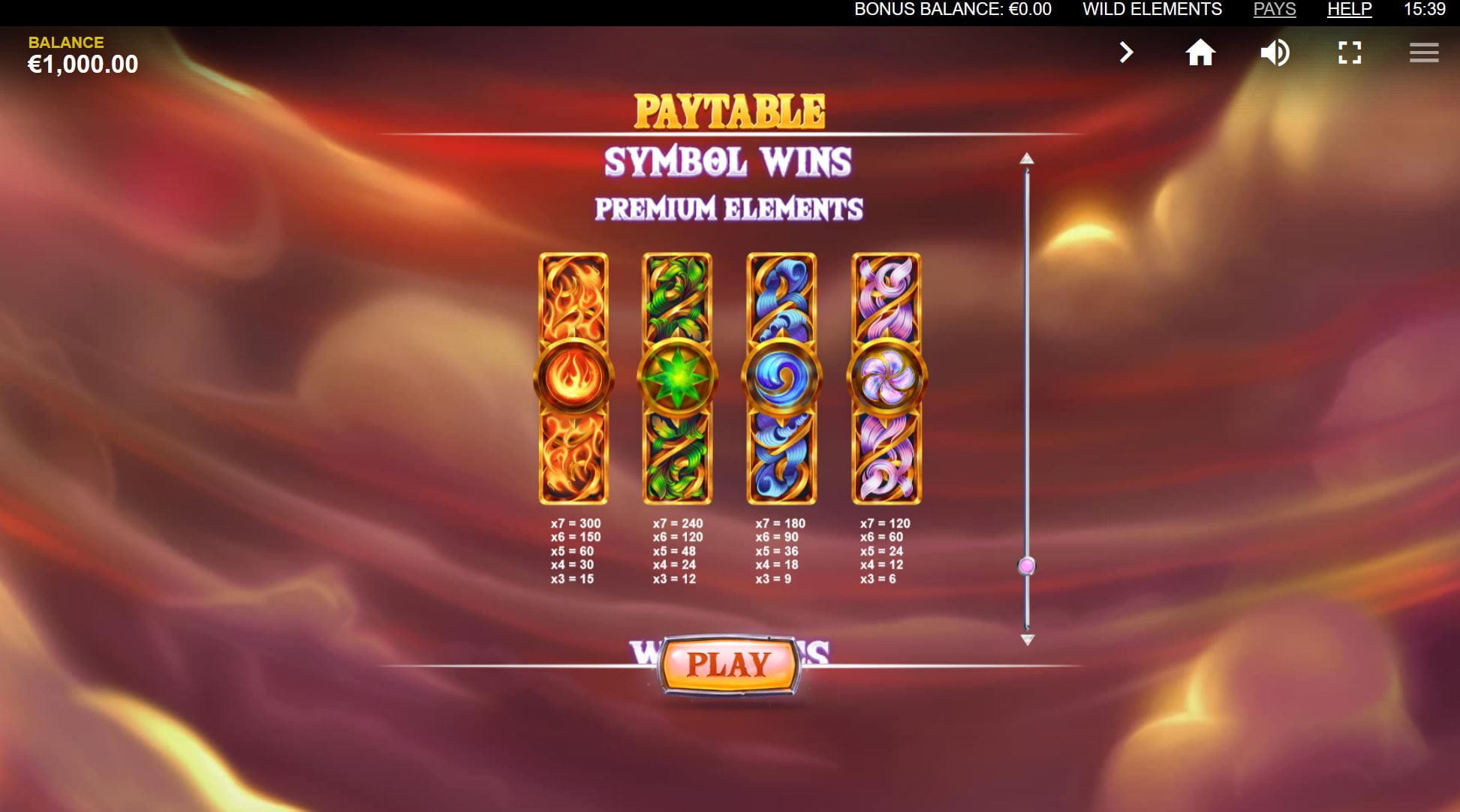 Wild Elements Online Paytable
