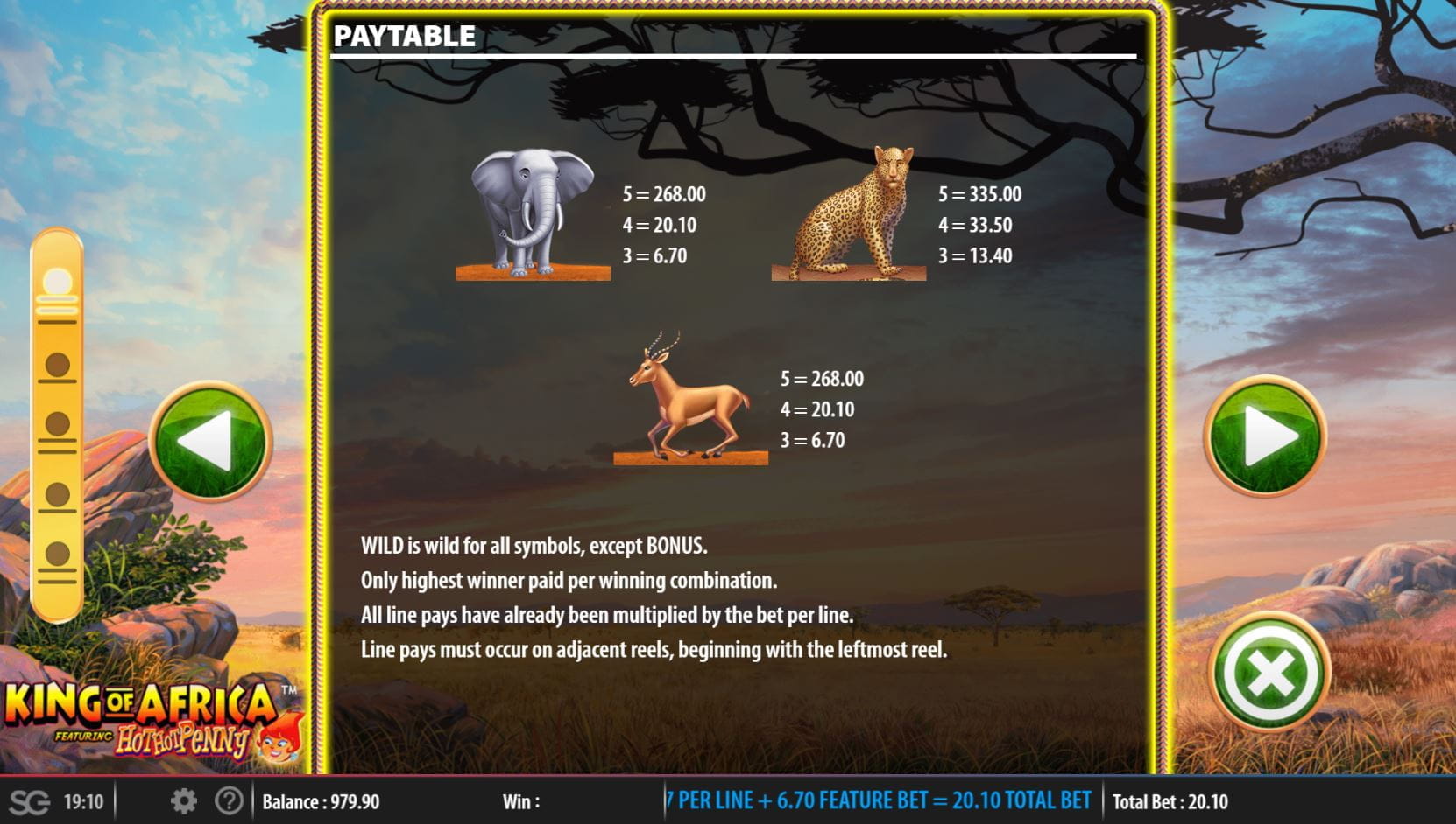 King of Africa Paytable
